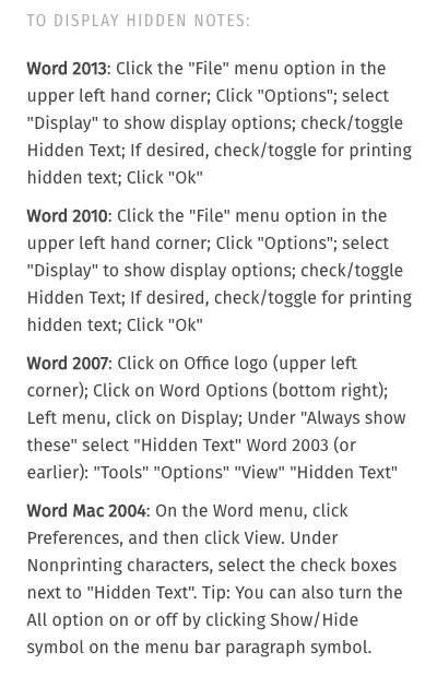HOW TO: DISPLAY HIDDEN NOTES in Word files